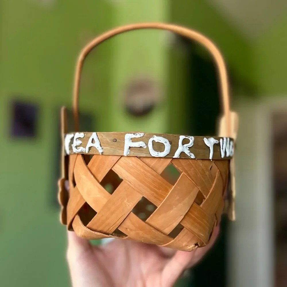VTG Rustic Tea for Two Woven Basket With Handle Cottagecore Accent